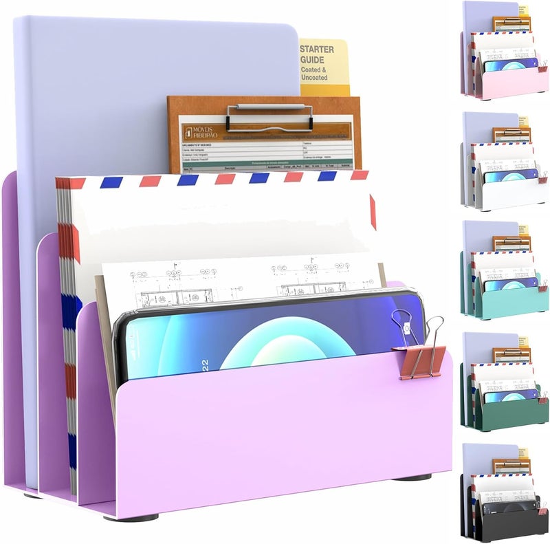 OUTIOE Mail Organizer Countertop, Small Desk File Organizer, Metal File Holder - Essential Workspace Organizers for Office Desk, Home Office (Purple) - Image 1